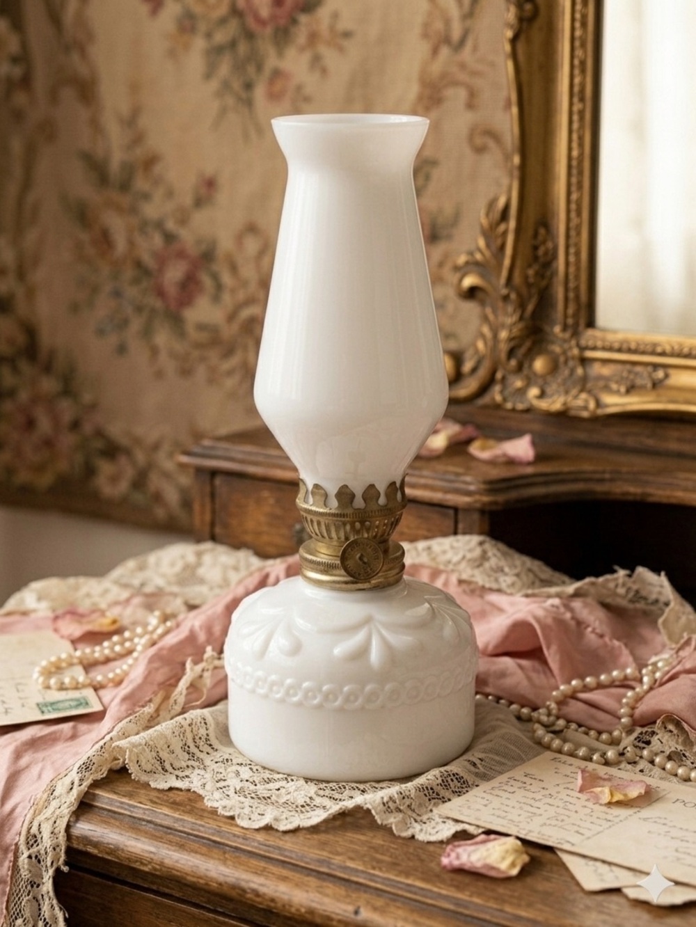 🩷 Vintage White Milk Glass Oil Lamp with White Glass Shade, Mini 7”h